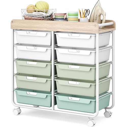 10 Drawer Rolling Storage Cart with Wood Top for Classroom Crafts Green | Easy Setup, Large Capacity, Sturdy Build, Lockable Mobility, For office, classroom and home supplies