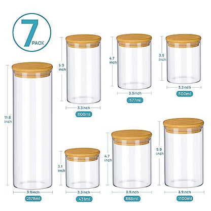 Vtopmart Glass Food Storage Jars, 7 Pack Kitchen Containers with Airtight Bamboo Wooden Lids for Pasta, Cookies, Nuts, Coffee Beans, Cereal, Canisters Set for Flour, Pantry Organization, BPA Free