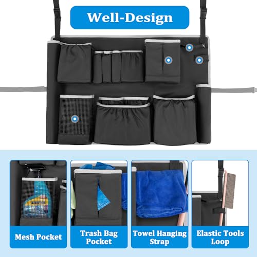 HODRANT Trash Can Caddy Bag with 13 Pockets Fit 32-55 Gallon Garbage Bin | Cleaning Caddy Bag with Adjustable Buckle for Industrial Trash Can, Cleaning Tool Organizer for Clean Supplies, Gray Edge