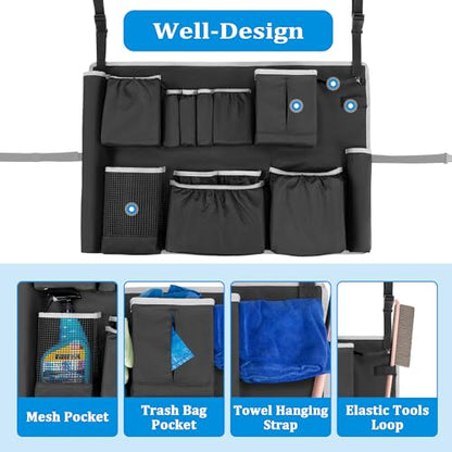 HODRANT Trash Can Caddy Bag with 13 Pockets Fit 32-55 Gallon Garbage Bin | Cleaning Caddy Bag with Adjustable Buckle for Industrial Trash Can, Cleaning Tool Organizer for Clean Supplies, Gray Edge
