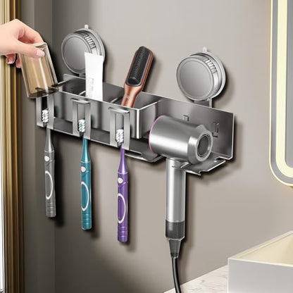 Detachable Wall Electric Toothbrush Holders, Bathroom Organizers and Storage, 3 Cups Holders Accessories Storage Decor, Hair Dryer Holder, Powerful Upgraded Sticky Suction Cup, All-Aluminum Material