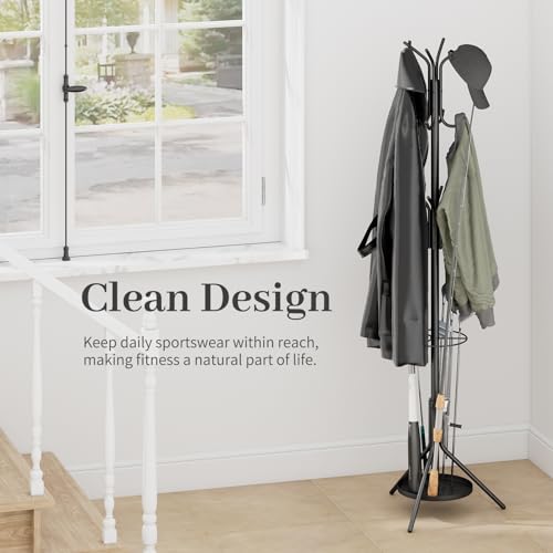 Coat Rack Freestanding,Metal Coat Tree with Umbrella Holder,Hat and Coat Rack Stand for Entryway, Hallway, Living Room, Bedroom (Black)