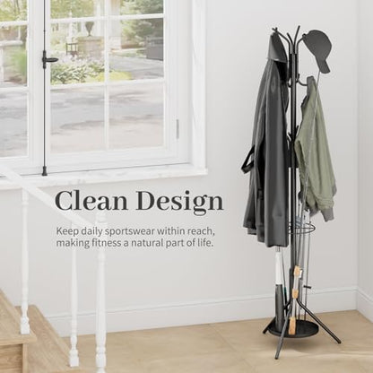 Coat Rack Freestanding,Metal Coat Tree with Umbrella Holder,Hat and Coat Rack Stand for Entryway, Hallway, Living Room, Bedroom (Black)