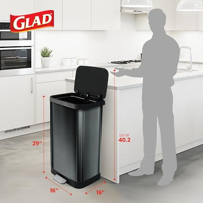 Glad Stainless Steel Trash Can with Clorox Odor Protection, 20 Gal, Pewter | Odor Protection | Large Metal Kitchen Garbage Bin w/ Soft Close Lid, Garbage Bag Rings, Step On Foot Pedal and Waste Bag Roll
