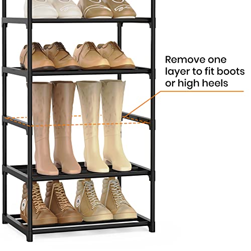 Narrow Shoe Rack 10 Tiers Tall Shoe Rack for Entryway Closet 20 24 Pairs Shoe & Boots Organizer Storage Shelf Durable Black Metal Stackable Shoe Cabinet with Hooks, 17.1D x 11.8W x 78.7H in