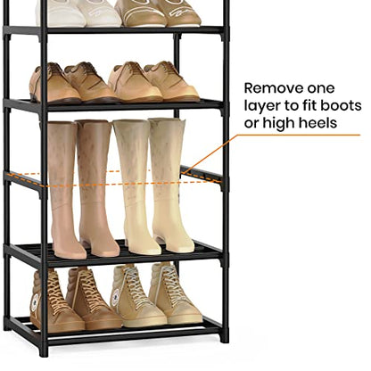 Narrow Shoe Rack 10 Tiers Tall Shoe Rack for Entryway Closet 20 24 Pairs Shoe & Boots Organizer Storage Shelf Durable Black Metal Stackable Shoe Cabinet with Hooks, 17.1D x 11.8W x 78.7H in