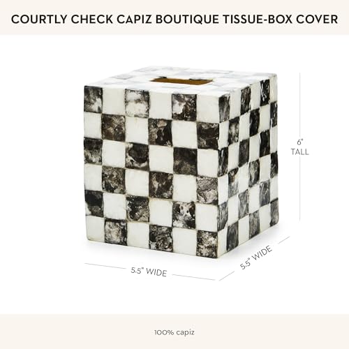 MACKENZIE-CHILDS Boutique Tissue-Box Cover, Black-and-White Courtly Check | Handcrafted design, made from capiz seashell, tissue holder for home decor, 5" square x 6" H