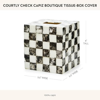 MACKENZIE-CHILDS Boutique Tissue-Box Cover, Black-and-White Courtly Check | Handcrafted design, made from capiz seashell, tissue holder for home decor, 5" square x 6" H