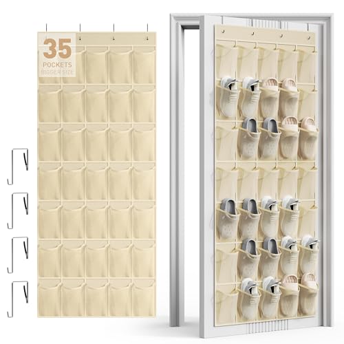 WVM Over the Door Shoe Organizer with 35 Breathable Mesh Pockets, Hanging Shoe Organizer for Door with 4 Metal Hooks, Large Capacity Closet Storage for Shoes, Accessories