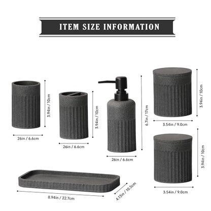INIUNIK Bathroom Accessory Set, 6 Pieces, Dark Grey | Resin, Bathroom Accessories Set, Includes Soap Dispenser Set, Toothbrush Holders, Tumbler, Vanity Tray & 2 Qtip Holder