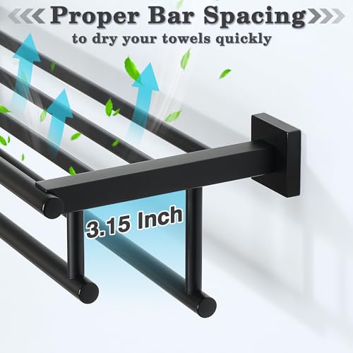 Alise Double Towel Rack for Bathroom Wall Mounted 24 Inch,Matte Black | Bathroom Tower Holder Towel Shelf with Double Towel Bars,SUS304 Stainless Steel Towel Rack with Shelf for Lavatory Kitchen