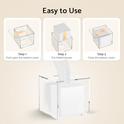 Acrylic Tissue Box Cover 5.4x5.4x5.4'' Clear Tissue Holder Napkin Dispenser for Home Office Restaurant-Clear | Bottom Magnet Closure, for Home Office Restaurant Vanity Desk TableTop