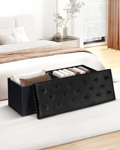 B FSOBEIIALEO Storage Ottoman Bench, Folding Tufted Ottomans with Storage, Extra Large 140L Storage Boxes Footrest Bench for Bedroom, Luxury Velvet Fabric 43 Inches Black