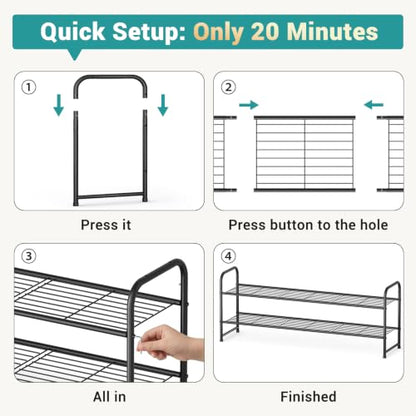 AOODA Long 2 Tier Shoe Rack for Closet Metal Wide Stackable Shoe Storage Organizer for Entryway, Bedroom, Floor, 18-Pairs Low Shoe Shelf, Black