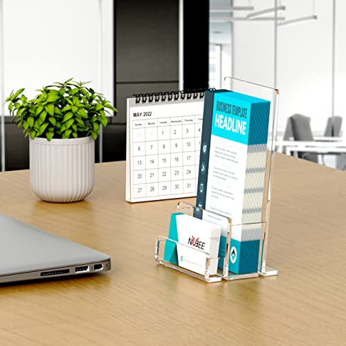 NIUBEE Acrylic Brochure Holder 4‘’, Pamphlet Rack Card Flyer Display Stand | 3mm thick acrylic stand combining brochure holder and business card slot, stable freestanding design for commercial scenes