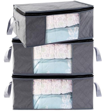 Storage Clothes Bins Closet Bags - 35L Containers Organizer Boxes Clothing Bin Organization for Organizing Blanket Pillow Sheet Sweater, Foldable Bedroom Small Storage Totes With Lids Zipper, 3pc Pack