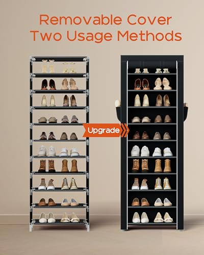 CASAMAYA Shoe Rack with Covers, 10 Tiers Tall Shoe Rack Organizer, Large Capacity Shoe Shelf Storage, Hold 20 Pairs of Shoes, Vertical Shoe Storage Organizer for Closet, Entryway, Black, SRT102B01