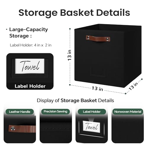 FinishingBo 13 inch Storage Bins with Labels 6 Pack | PU Leather Handles, Foldable Storage Cubes, Storage Baskets, Closet Storage, Black