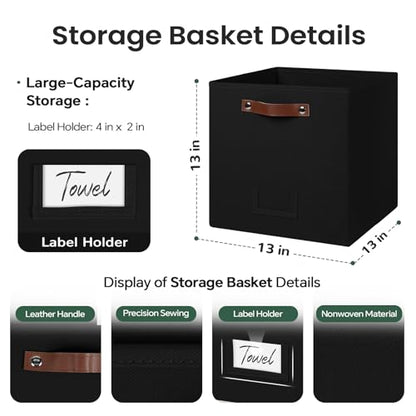FinishingBo 13 inch Storage Bins with Labels 6 Pack | PU Leather Handles, Foldable Storage Cubes, Storage Baskets, Closet Storage, Black