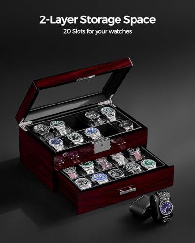 ANWBROAD Watch Box 20-Slot Wooden Watch Case Organizer with Large Glass Lid | 2-Layer Watch Display Case for Men with Removable Watch Pillows, Lockable Watch Storage Box with Piano Paint UJWB002Y