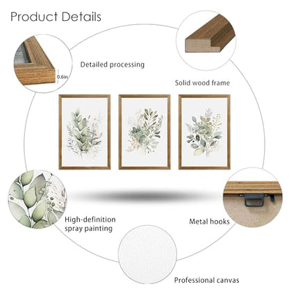 WRFON Framed Sage Green Botanical Wall Art Set of 3, Watercolor Eucalyptus & Wild Plant Canvas Prints, Minimalist Green Wall Decor for Living Room Bedroom Bathroom, 12x16 Inches