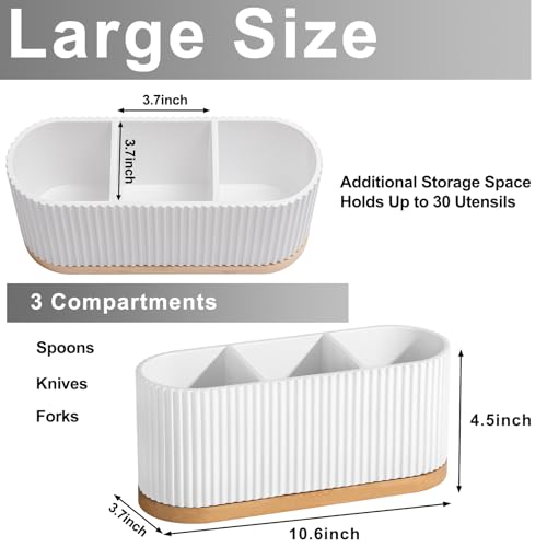 HouseJoy White Countertop Silverware Holder: Cutlery Caddy w/3 Compartment | Large Size-Easy Clean-Anti-slip-Kitchen Utensil Holder-Ideal for Fork/Spoon/Knife/Pen Pencil-Silverware Caddy Organizer