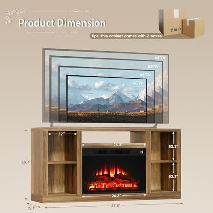 YESHOMY Electric Fireplace TV Stand for Televisions up to 65+ Inch, Mid Century Modern Media Entertainment Center Console Table with Four Open Storage Shelves & Cabinets, 58 Inch, Yelloe Barnwood