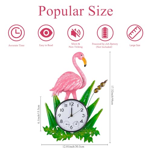 Outdoor Clock with Thermometer & Humidity | Silent None-Ticking, Outdoor Wall Clock Waterproof, Outside Clock for Patio, Living Room, Kitchen, Pink Flamingo