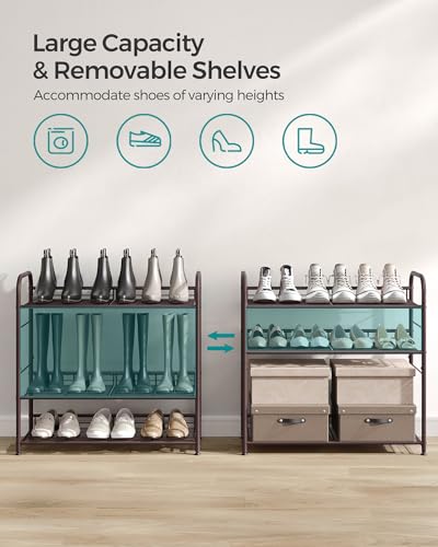 SONGMICS Stackable Shoe Rack, 4 Tier Metal Shoes Rack Storage Shelf, Holds up to 16 Pairs Shoes, Adjustable Slanted Shelves Tower Organizer for Closet Entryway Small Spaces, Bronze