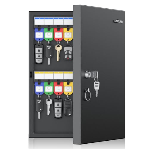 Uniclife 32 Position Key Lock Box, Wall Mount Security Key Cabinet, Black | Wider hook spacing fits car fobs, writable racks & tags for quick ID, easy mount, sturdy lock box for office hotel & company