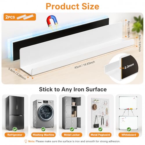 2 Pack Magnetic Book Shelf for Whiteboard, 17 Inch Heavy Duty Metal Magnetic Shelves, Holds 12 lbs, Magnetic Book Display for Classroom Furniture, Office - White