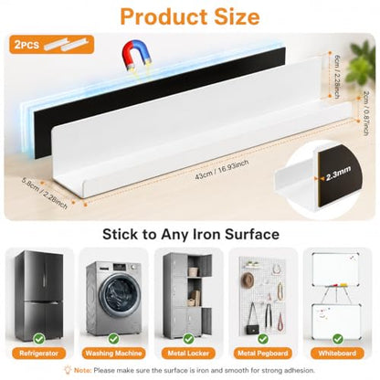 2 Pack Magnetic Book Shelf for Whiteboard, 17 Inch Heavy Duty Metal Magnetic Shelves, Holds 12 lbs, Magnetic Book Display for Classroom Furniture, Office - White