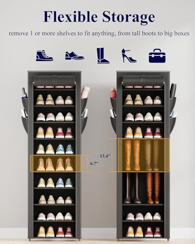 Kitsure 10-Tier Shoe Rack with Cover, Vertical Shelf, 17.5" Wide, Black | Space Saving Shoe Storage with Side Pocket, Shoe Organizer for Closet, Entryway, Bedroom, Zapateras Organizer