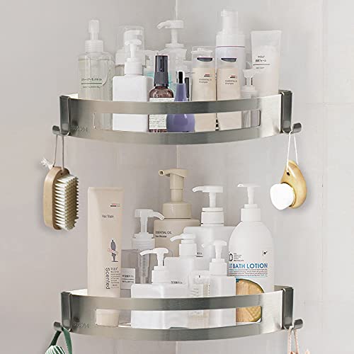 NearMoon Bathroom Shower Caddy 2 Pack, 304 Stainless Steel Shower Organizer with 2 Hooks, No Drill (Corner Shelf, Brushed Nickel)