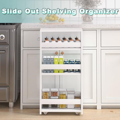 Slim Rolling Storage Cart, 4 Tier Utility Cart with Wheels, White | Laundry Room Organization, 5.5" Wide, Wood Kitchen Cart with Handle, Trolley for Kitchen Bathroom Narrow Place Small Corner