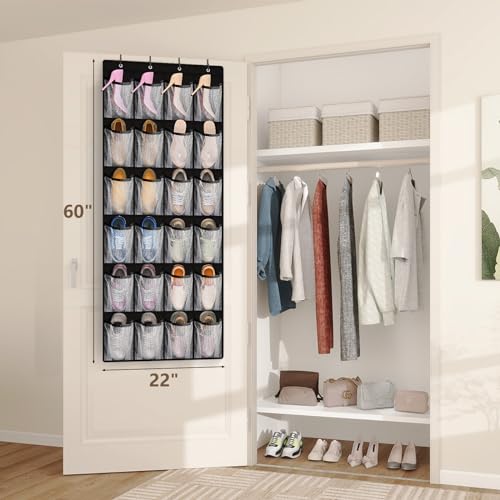 24 Large Pockets Over Door Shoe Organizer, Mesh Hanging Shoe Organizer for Closet Mesh Closet Holder, Back of Door Organizer for Cruise Ships, Rack for Wall, Black, 1 Pack
