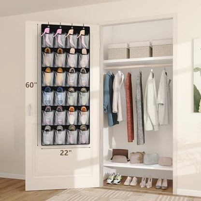 24 Large Pockets Over Door Shoe Organizer, Mesh Hanging Shoe Organizer for Closet Mesh Closet Holder, Back of Door Organizer for Cruise Ships, Rack for Wall, Black, 1 Pack