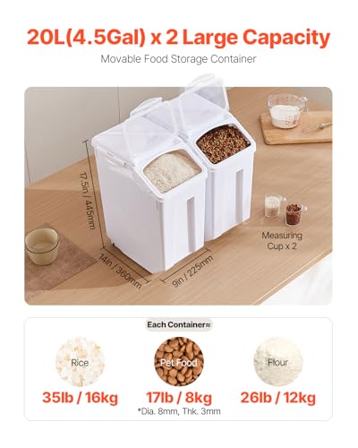 VEVOR Rice Storage Container, 4.5Gallon/20L x2 Capacity Large Dog Food Dispenser Bin, Kitchen Ingredient Grain Cereal Flour Bin, Pet food Containers with Wheels, 2 Measuring Cups, Airtight Lid, 2 Pack