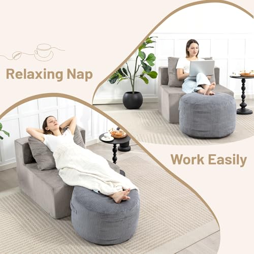 Round Stuffed Pouf Ottoman (Gray, 20" D x 20" W x 15" H) | Corduroy Foot Rest with Rebound Foam Filling, Furry and Fluffy Foot Stool Ottoman, Floor Poufs for Living Room