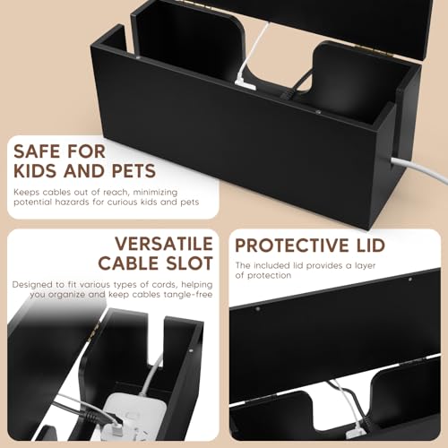 Large Cable Management Box - Wood Cable Organizer Box and Power Strip Box for Electrical Cord Management - Hide Desk Cord and Floor Cables - Wire Storage and Organization for Cords, Black