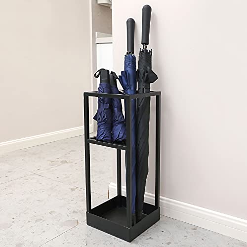 MyGift 20 Inch Tall Black Metal Geometric Umbrella Stand with Drip Tray | Dedicated Shelf For Foldable Umbrellas, Cane Storage, Drip Tray Protection, Entryway Accent, Space Saving Design