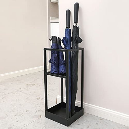 MyGift 20 Inch Tall Black Metal Geometric Umbrella Stand with Drip Tray | Dedicated Shelf For Foldable Umbrellas, Cane Storage, Drip Tray Protection, Entryway Accent, Space Saving Design