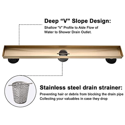 Linear Shower Floor Drain, Brushed Gold 24 Inch 304 Stainless Steel Bathroom Drains Kit, Rectangular Shower Trench Drain with Reversable Tile-in Pattern Drain Cover & Hair Catcher