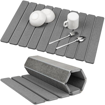 Stone Drying Mat for Kitchen Counter, 24"x16" Large Dark Gray Foldable Diatomaceous Earth Mat, Quick-Dry Super Absorbent Stone Dish Drying Mat for Dishes Bottles Cups