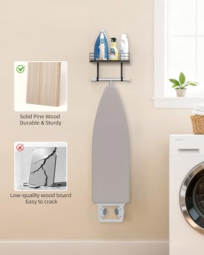 Ironing Board Holder Wall Mount, Metal Ironing Board Hanger with Shelf Laundry Room Decor and Accessories Iron Holder for Laundry, Fits T-Leg Ironing Board, Industrial Decor, Black