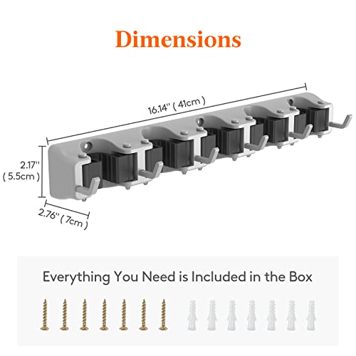 Lifewit Mop and Broom Holder Organzier Wall Hanging Mount, Gray, 1 Pack | Anti-Slip Broom Storage for Cleaning Organizer, Easy Install Tool Hanging Rack with 5 slots & 6 hooks for Kitchen, Garage