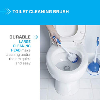 Mr. Clean Toilet Plunger and Bowl Brush Combo with Caddy, 3-Piece Heavy-Duty Plunger, Toilet Brush, and Caddy Set, White/Blue