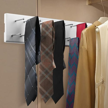 Pull Out Tie Rack for Closet, Wood Sliding Belt Rack with 21 Tie Hanger | Side Mounted Slide Out Tie Rack Belt Hanger Rail Organizer Storage Scarf Holder for Ties Scarves Belts Shawls, White