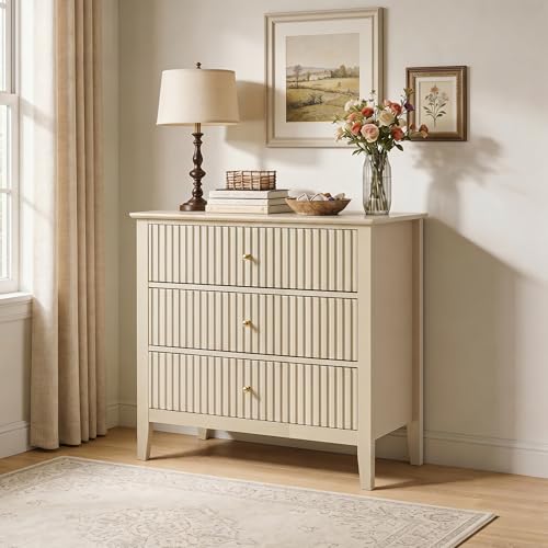 Beige Fluted 3 Drawer Dresser, 32 inch Wide Dresse... (Beige | Engineered Wood)