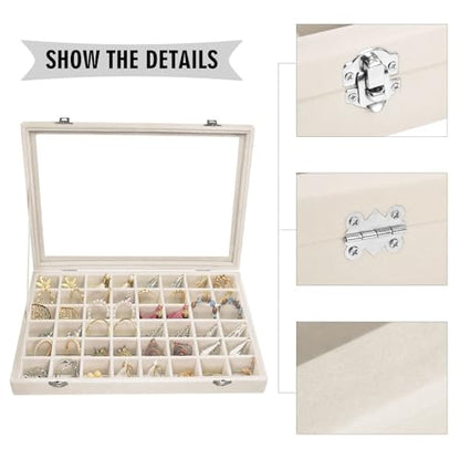 Siveit Velvet Jewelry Tray 48 Grid Jewelry Display Tray Organizer Box with Transparent Lid Rings Earrings Necklaces Pendants Display Box Suitable for Women and Girls (Beige)